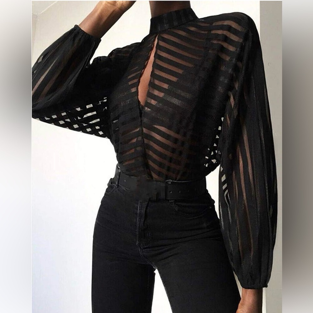 ChicMe Sheer Striped Mock Neck Blouse Black Keyhole Back Long Sleeve Top